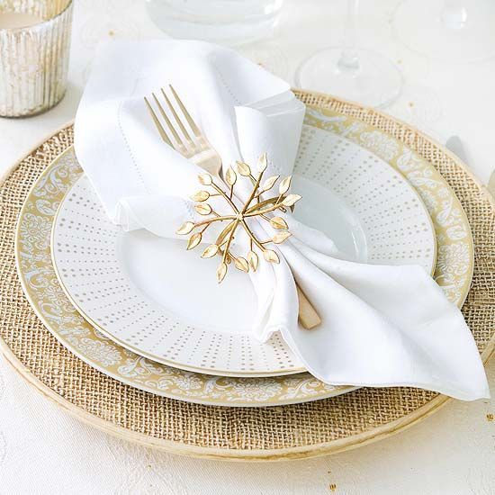 Golden Table Setting:  Pull the basics from your china hutch — white linens, champagne flutes, and your best china — to create