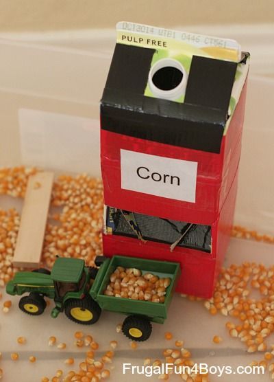 “Grain silo” for farm sensory bin/ tractor loading. Made with milk container, cereal box and duct tape