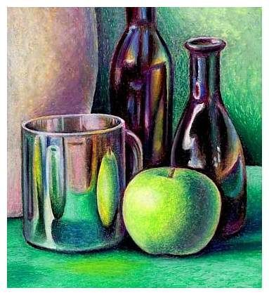 Great Lesson for Still Life with Oil Pastels, site also has chalk and pencil still life step by step instructions and slide shows