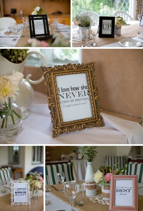 Groom writes his favorite things about the bride, print them, and frame them! AWESOME idea! Real Bridal Shower: Rustic Coral