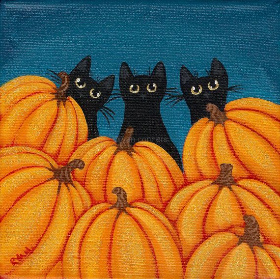 Halloween Black Cats and Pumpkins Original Folk by KilkennycatArt, $45.00