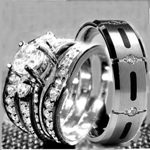 His  Hers 4 pcs Womens STAINLESS STEEL  Mens TITANIUM Wedding rings set bridal #KinswayJewelry