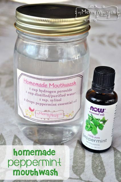 Homemade All-Natural Peppermint Mouthwash (1 cup hydrogen peroxide, 1 cup distilled water, 2 drops peppermint essential oil).