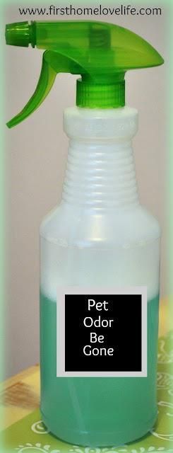 Homemade Pet Odor Eliminator. 1 part Listerine, 2 parts water, peroxide and vinegar!