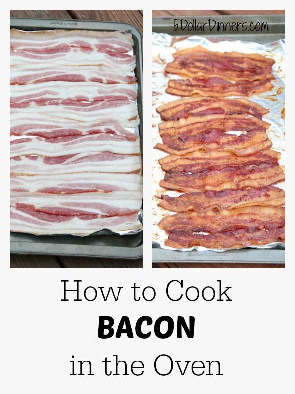 How to Cook Bacon in the Oven. Preheat oven to 350. Bake for 20 minutes.
