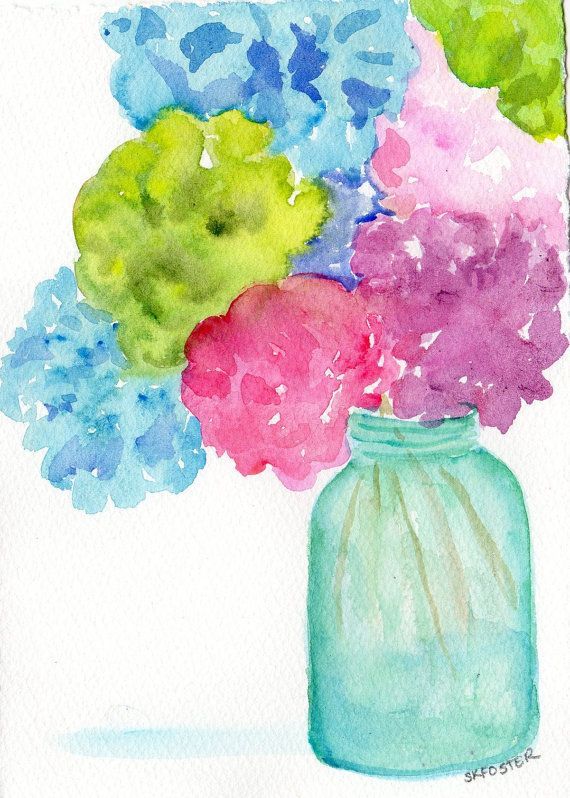 Hydrangeas painting ART in Aqua Mason jar by SharonFosterArt, $25.00
