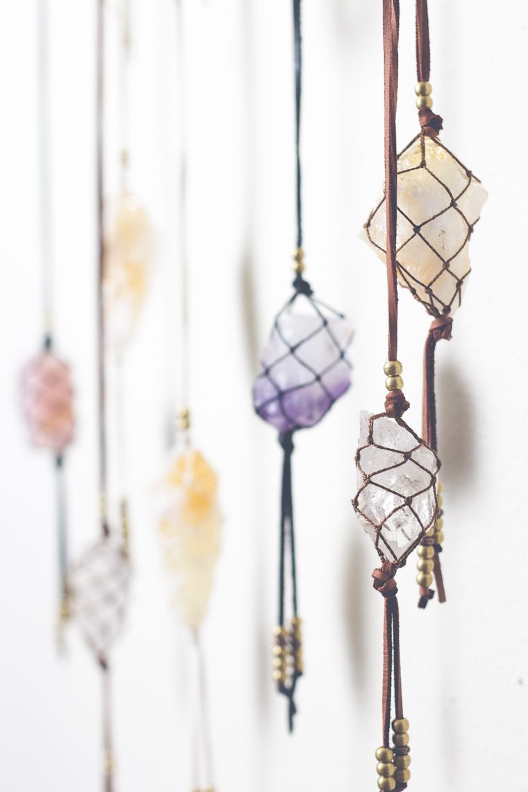 I want to hang beautiful Natural Rock Crystals like this of suede rope or string in a woven web above my altar or in front of the