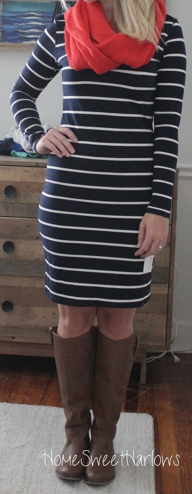 I would love a soft knit longs leave dress to wear with leggings and boots. I like the stripes but would it make me look more