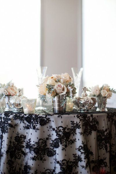 lace table – I would do reverse with dark / bridesmaid color as solid tablecloth with white lace overlay.