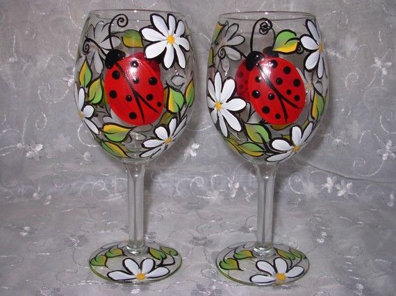 Lady Bug and Daisy Hand Painted Wine Glass by BedOfRosesBoutique