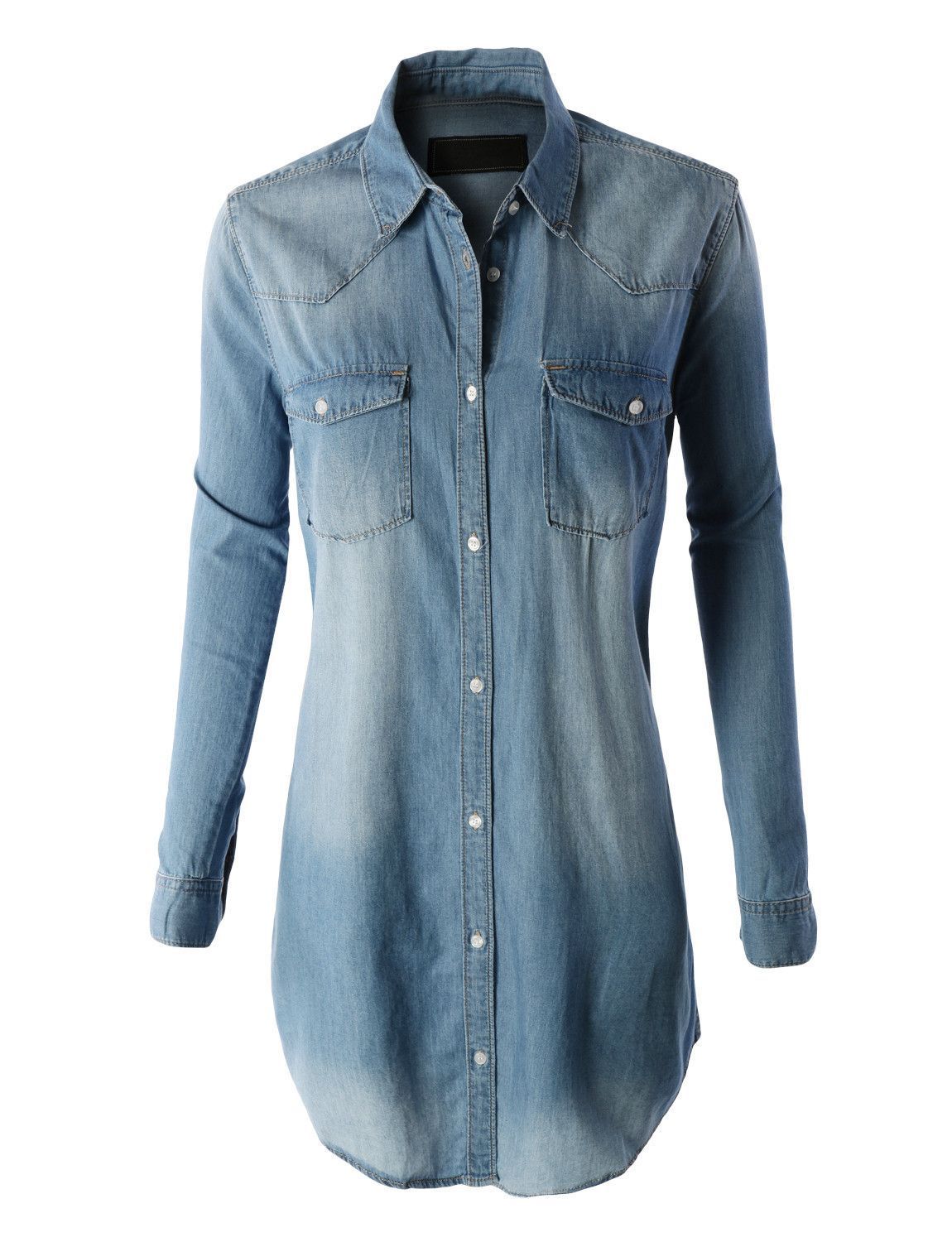 LE3NO Womens Classic Loose Fit Chambray Jean Denim Shirt Dress with Po | LE3NO