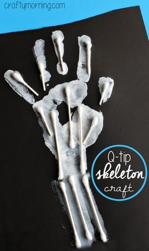 Learn how to make a q-tip handprint skeleton craft for kids to make! All you need is white paint, q-tips and glue. Its a fun