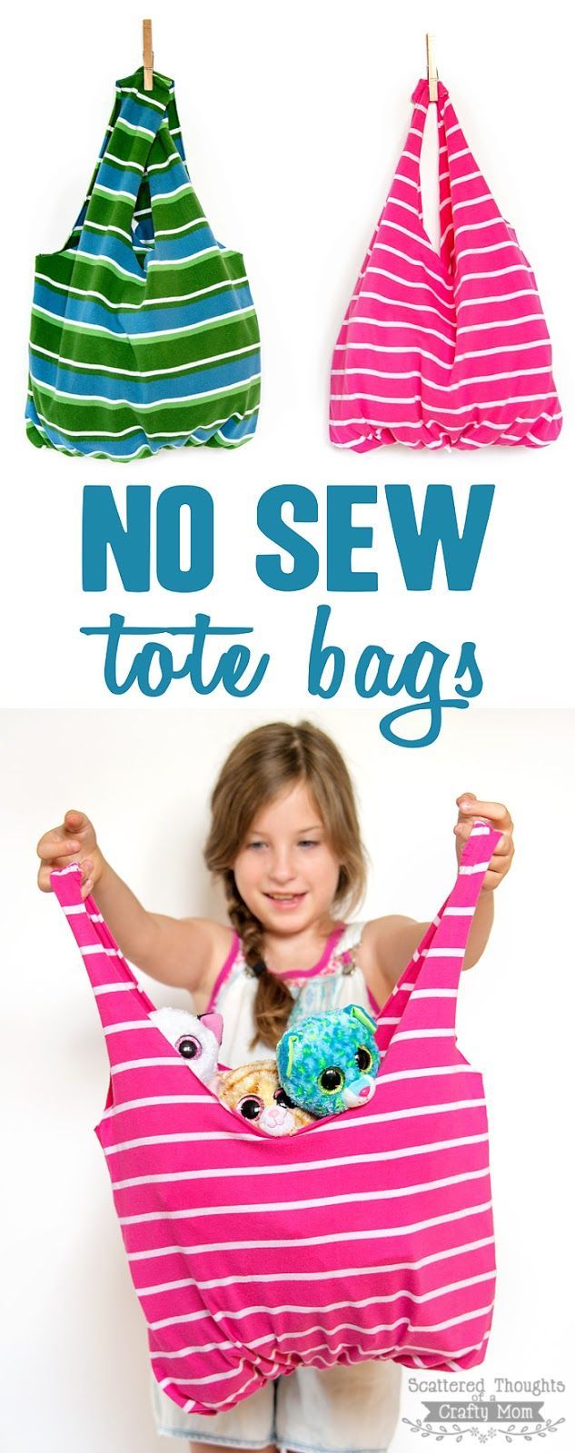 Learn how to make these No Sew Tote Bags.  All you need is an old T-shirt and a pair of scissors!  (Upcycling / recycling at its