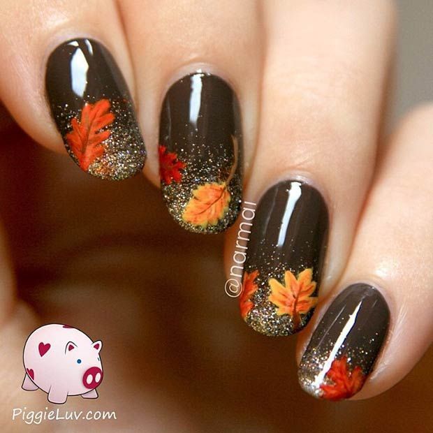 Leaves & Glitter Nail Art Design