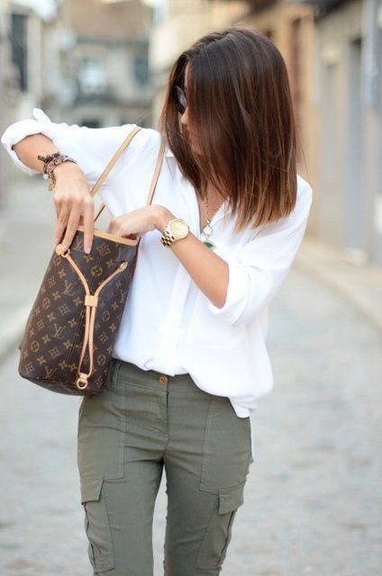 like the chic cargo pants and the white blouse but i dont really like the louis vuitton bag
