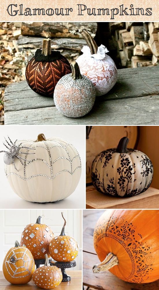 Looking for an elegant way to showcase your pumpkin arrangements? Lace, rhinestones and glitter will do the trick! Stuff a pumpkin