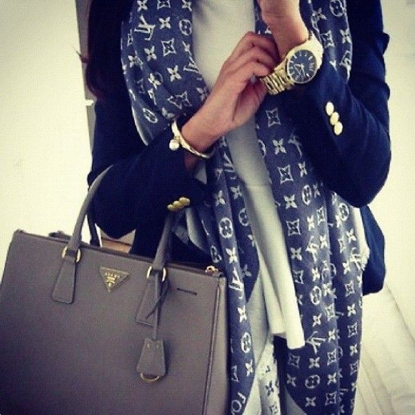 Louis scarf, Prada bag, navy blazer CLICK THE PIC and Learn how you can EARN MONEY while still having fun on Pinterest