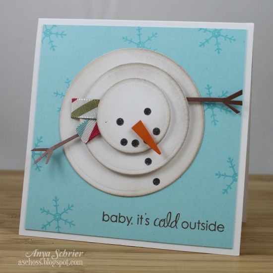 Love snowmen, 3 different size circles, ink the edges and cardstock for nose and arms, and ribbon for the scarf.