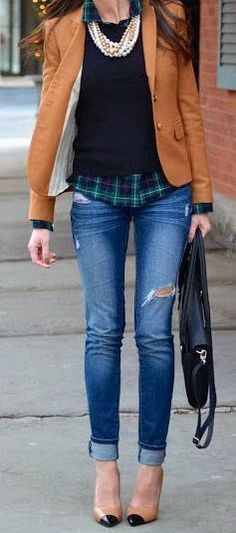 love the combo: tan jacket, blue green plaid, distressed jeans, and lots of pearl beads, and heels, cant wait for casual Fridays