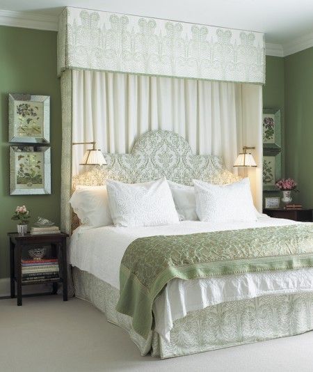 Love the fabric on the upholstered head board.  This is a updated take on an old design.
