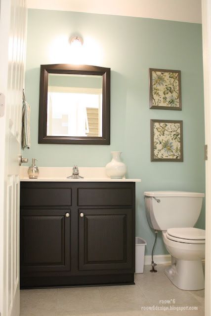 love this color for a bathroom! 1/2 Bath – Love this!  Paint is Valspar Glass Tile.  Also, I love that she bought fabric, painted