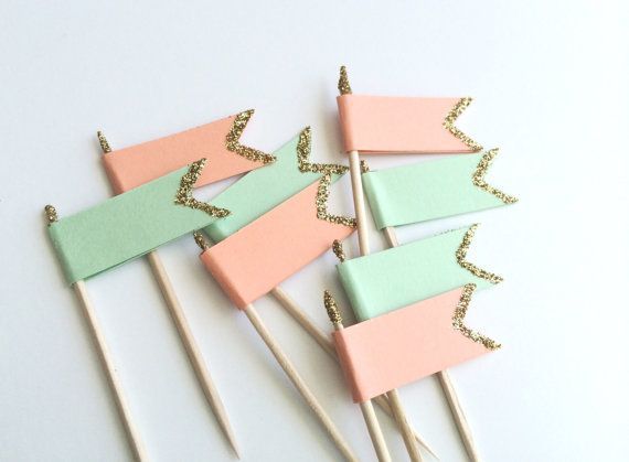 MINT, CORAL and Gold Glitter Cupcake Topper Mix.  Wedding, Engagement, Birthday Parties Cupcake Decor.  Food Pick, Cheese Pick.