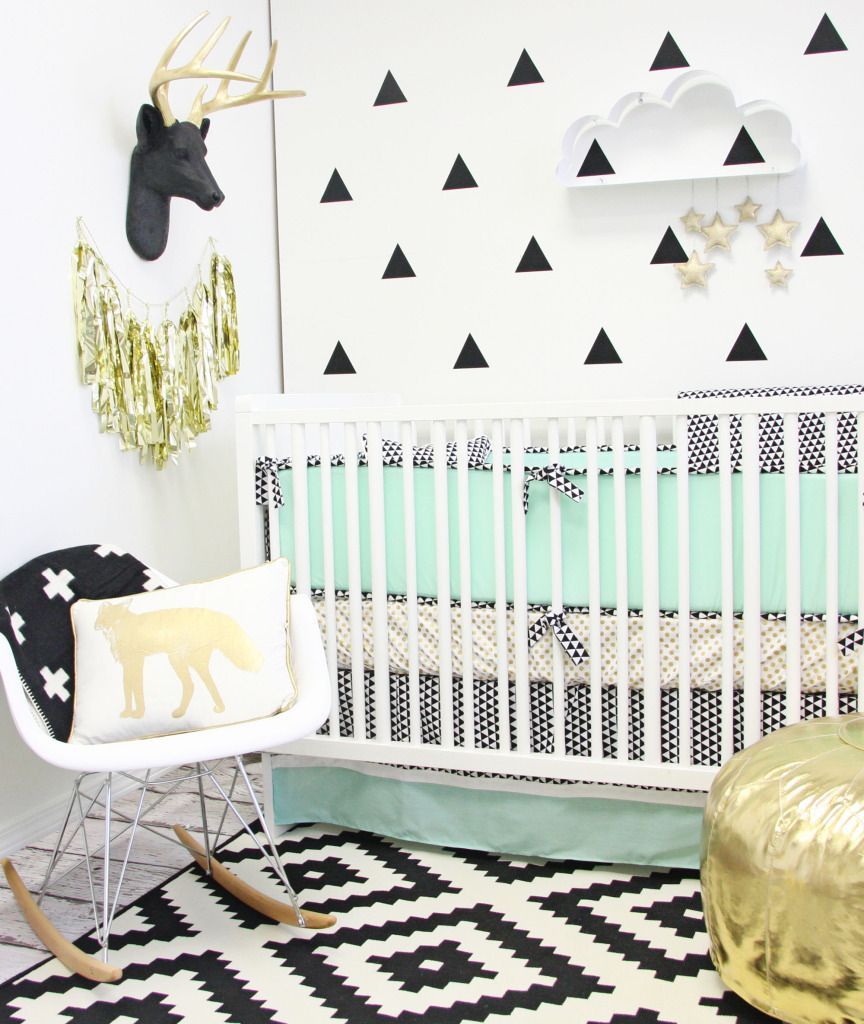Modern Mint Nursery – love the black, white and mint color scheme and super modern accents!