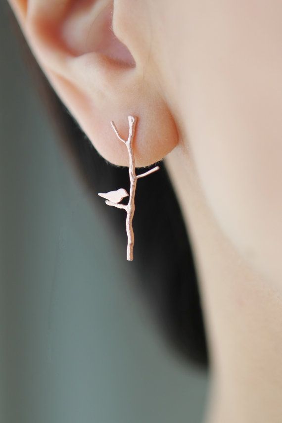 NEW PINK Love Birdie on twig long earrings in rose gold finish on Etsy, $30.00