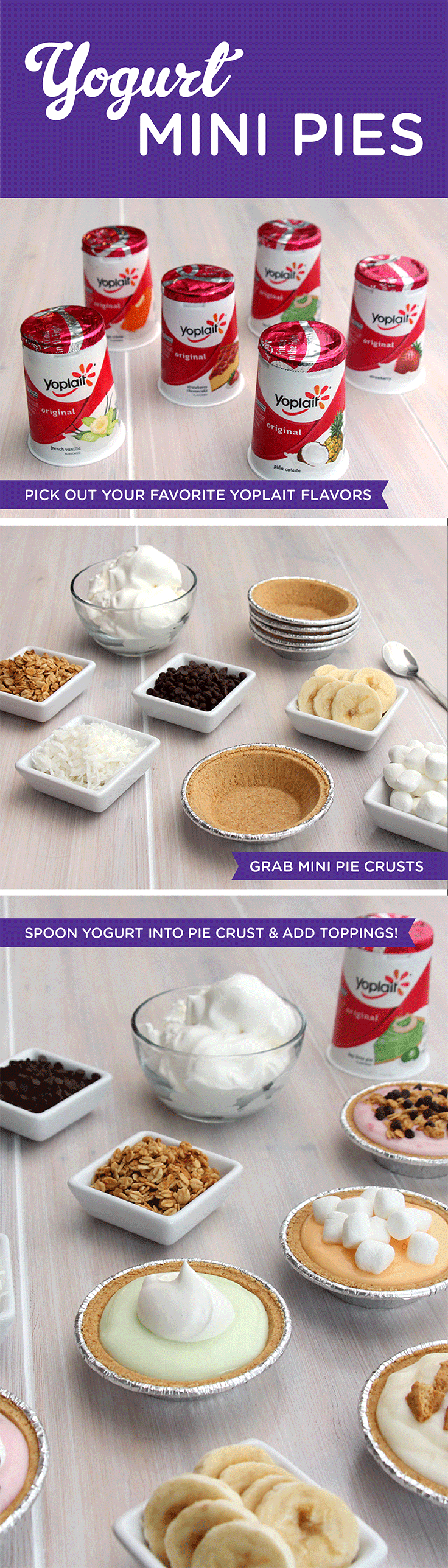 No need to wait for Thanksgiving to enjoy a little pie!  Scoop your favorite Yoplait flavors into mini pie crusts (found in the