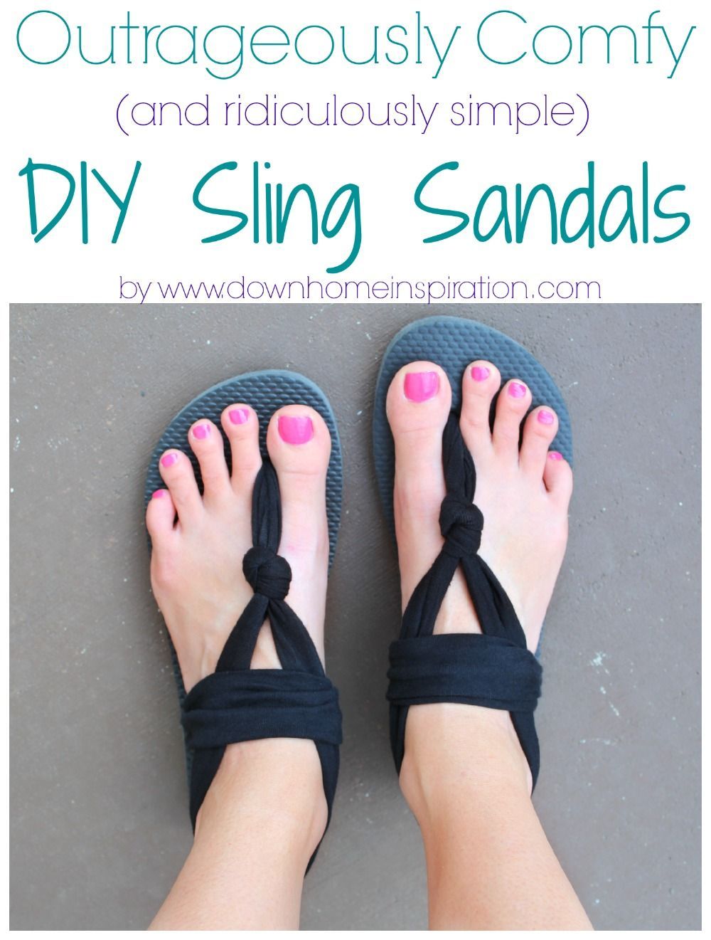 OMG, these are awesome!  And only $2.75 per pair!  Outrageously Comfy (and ridiculously simple) DIY Sling Sandals – Down Home