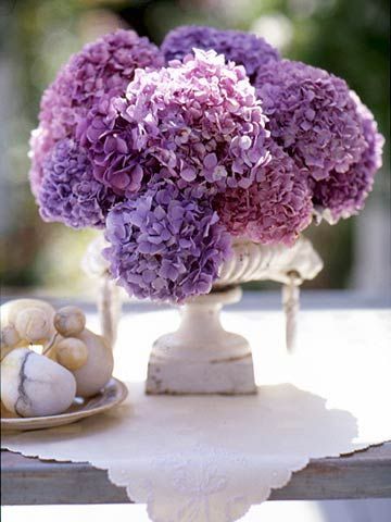 One Flower Extravaganza –   Hydrangeas bloom profusely in summer, making them a good choice for an at-home wedding.  This