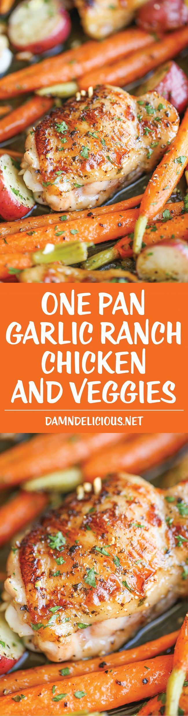 One Pan Garlic Ranch Chicken and Veggies – Crisp-tender chicken baked to absolute perfection with roasted carrots and potatoes –