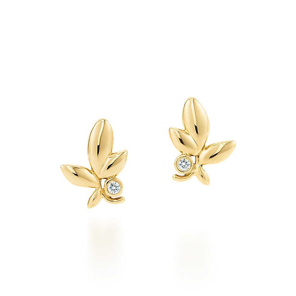 Paloma Picasso® Olive Leaf earrings in 18k gold with diamonds. | Tiffany Co.