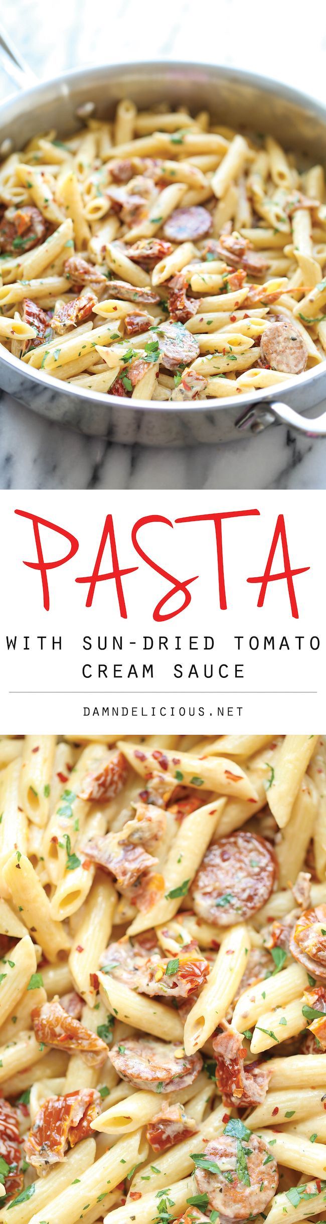 Pasta with Sun-Dried Tomato Cream Sauce – A super easy pasta dish with the most amazing, creamiest sun-dried tomato sauce ever,