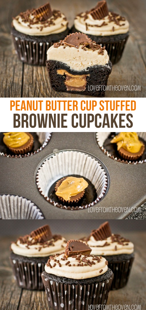 Peanut Butter Cup Stuffed Brownie Cupcakes. What a delicious way to use up Reeses Peanut Butter Cups!
