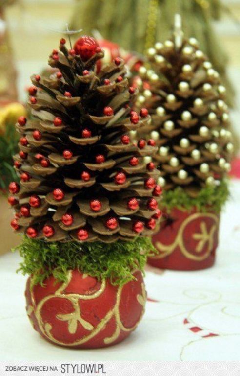 Pinecone Mini Christmas Tree Chelle, so  easy just hot glue beads onto  pinecone–the base looks like they made  a design with