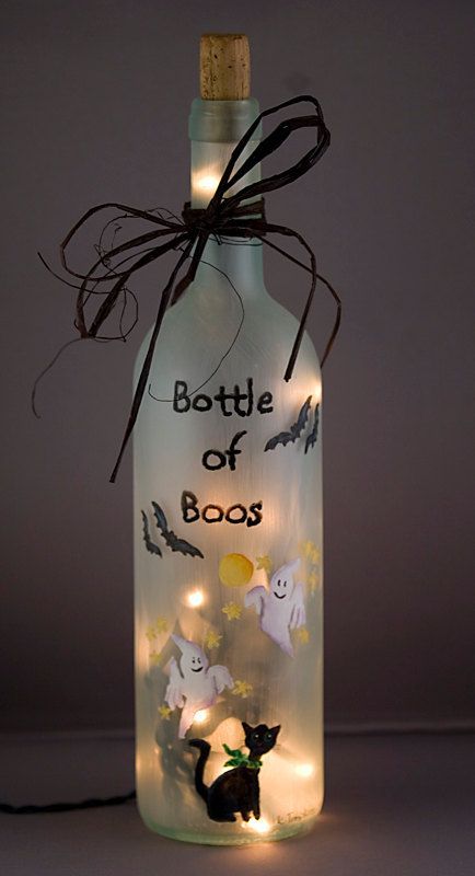 Pre-Order Halloween Bats Lighted Wine Bottle Hand Painted Bottle of Boos Spooky Ghosts Black Cat Night Light Frosted Glass Accent