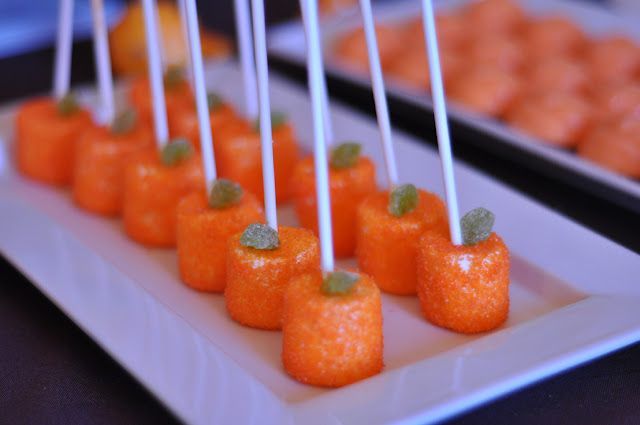 Pumpkin party!  Marshmallow sticks spritzed with water and rolled in orange sugar sprinkles.  So cute for Halloween or even just a