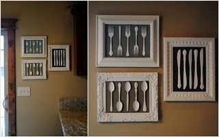 Put old silverware to good use. Vintage wall hangings in kitchen; must do this!