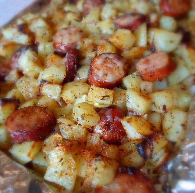 Recipes From The Big Blue Binder: Oven Roasted Smoked Sausage and Potatoes