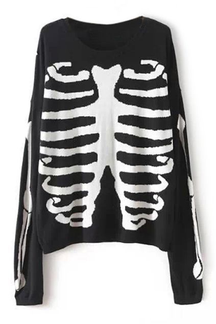 ROMWE | ROMWE Skeleton Knitted Black Jumper, The Latest Street Fashion