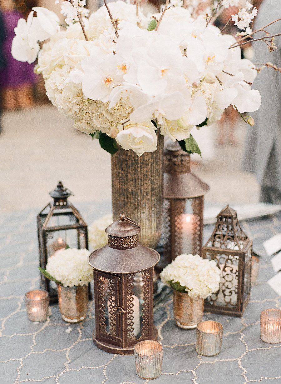 Rustic Chic Wedding Ideas.  Love the tall vase in the middle and the little lanterns and tealight candles surrounding it!