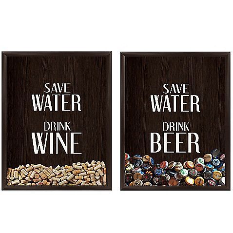 Save your corks or bottle-caps with these playful and distinctive Graphic Wall Art pieces. Save Water Drink Wine and “Save Water