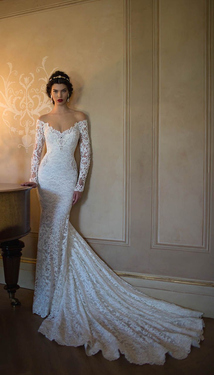 Show-stopping off-the-shoulder lace wedding dress by @BERTA