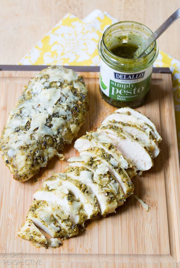 Simple Pesto Chicken: Coat chicken breasts with jarred basil pesto. Sprinkle with shaved parmesan.  Bake at 400 for 15-20 minutes.