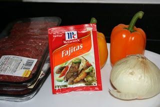 Super Easy Fajitas in Crockpot  2 lbs thin cut stir fry beef,1-2pkg of fajita seasoning mix.1 onion,2 bell peppers,1/2c water.