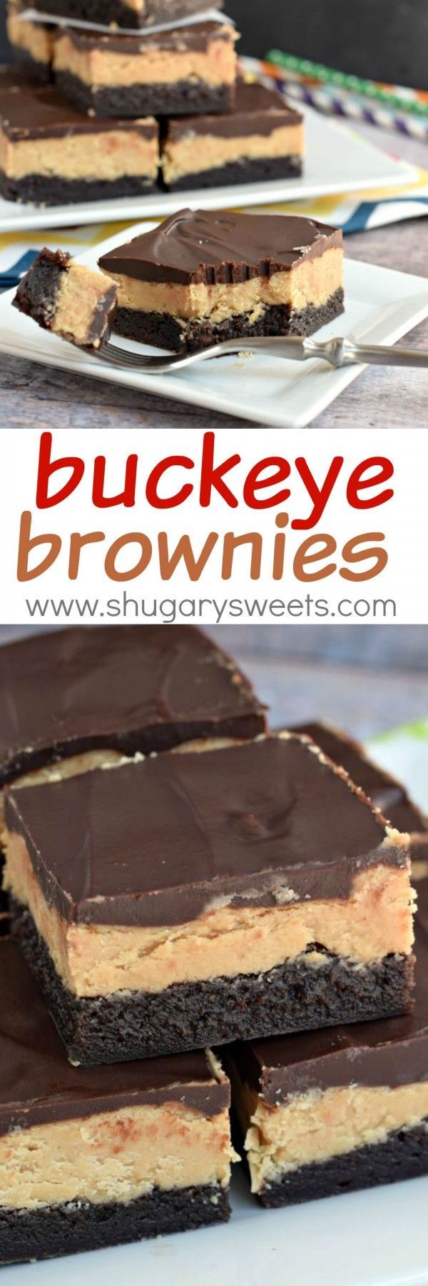 These Buckeye Brownies are amazing! Rich chocolate brownies topped with a homemade peanut butter filling and chocolate ganache.