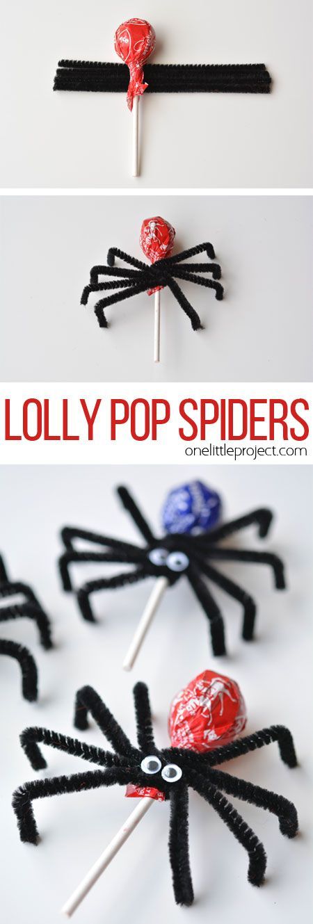 These lolly pop spiders are SO SIMPLE and look adorably creepy! Theyd make great party favours or a fantastic treat to send to