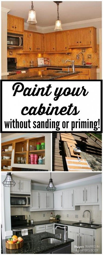 THIS IS AWESOME! Learn to paint your kitchen cabinets without sanding OR priming! Full tutorial by Designer Trapped in a Lawyers