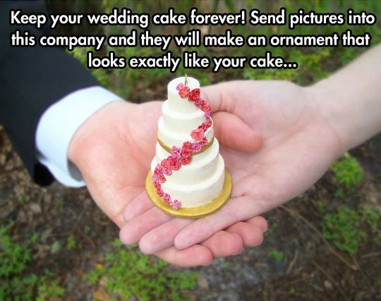 This is awesome.. Send pictures of your wedding cake to this company and they will make you a miniature replica ornament that